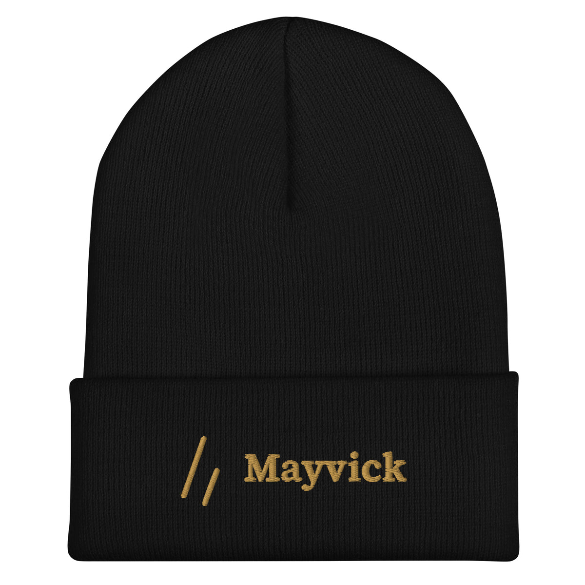Mayvick cuff beanie, Black, front: Old Gold stitched double slanted line mark and Mayvick wordmark on the cuff