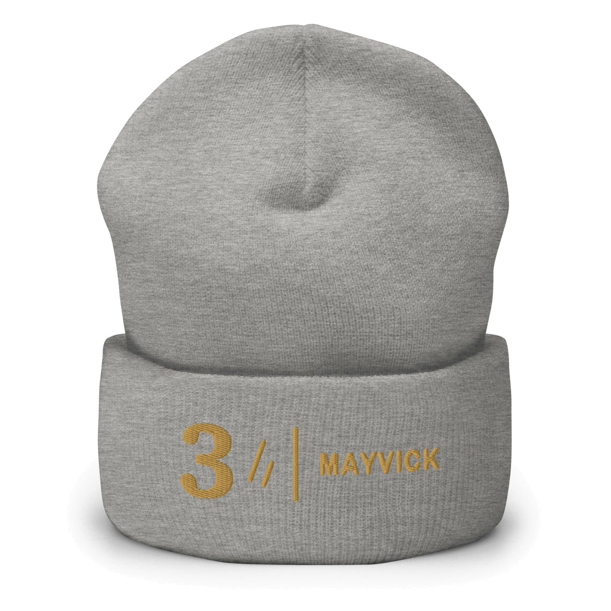 Mayvick Cuff Beanie 3, heather grey: a bold 3, the two-bar mark, a rule and MAYVICK in Old Gold on the cuff.