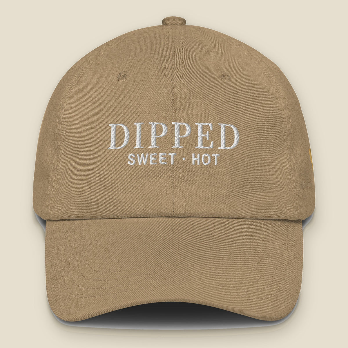 Dipped Dad Hat (Khaki), front, Khaki: DIPPED over SWEET · HOT stitched in white.