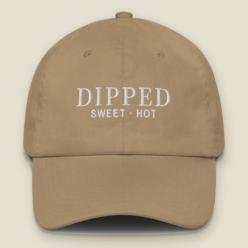 Dipped Dad Hat (Khaki), front, Khaki: DIPPED over SWEET · HOT stitched in white.