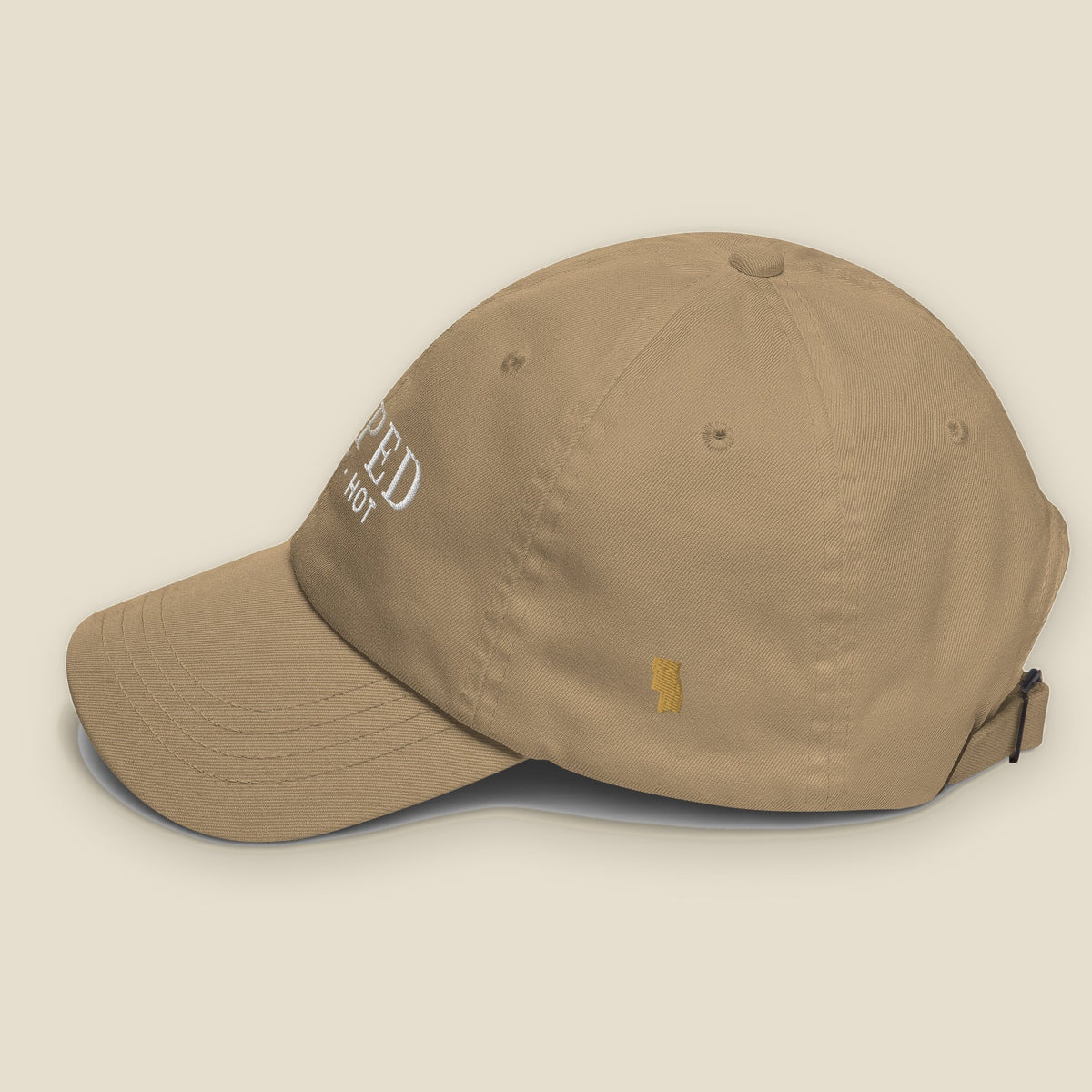Dipped Dad Hat (Khaki), left side, Khaki: the six counties stitched small in Old Gold.