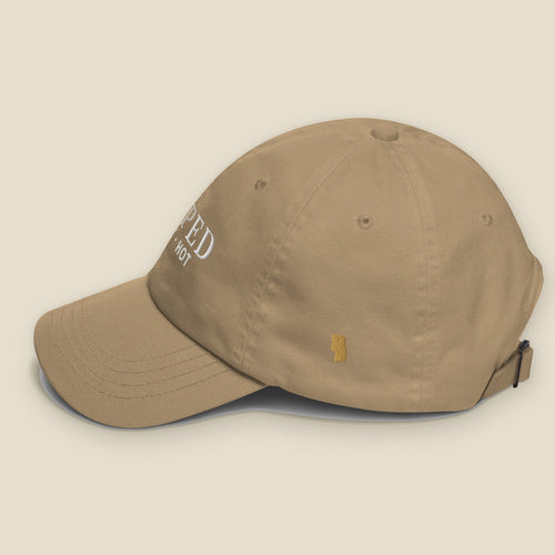 Dipped Dad Hat (Khaki), left side, Khaki: the six counties stitched small in Old Gold.
