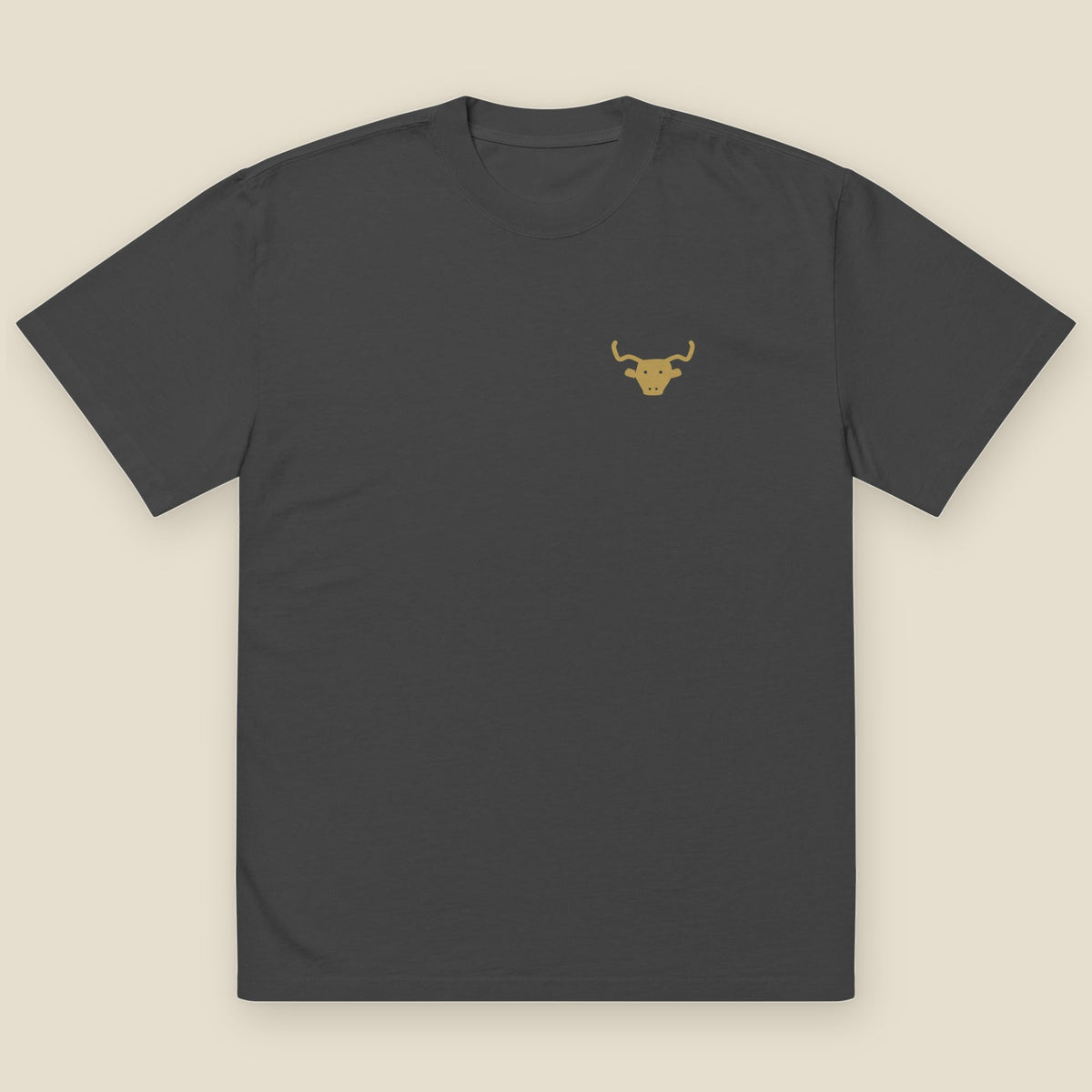 Exchange Avenue Heavyweight Tee, front, South Works (Faded Black): gold bull's head printed at the left chest
