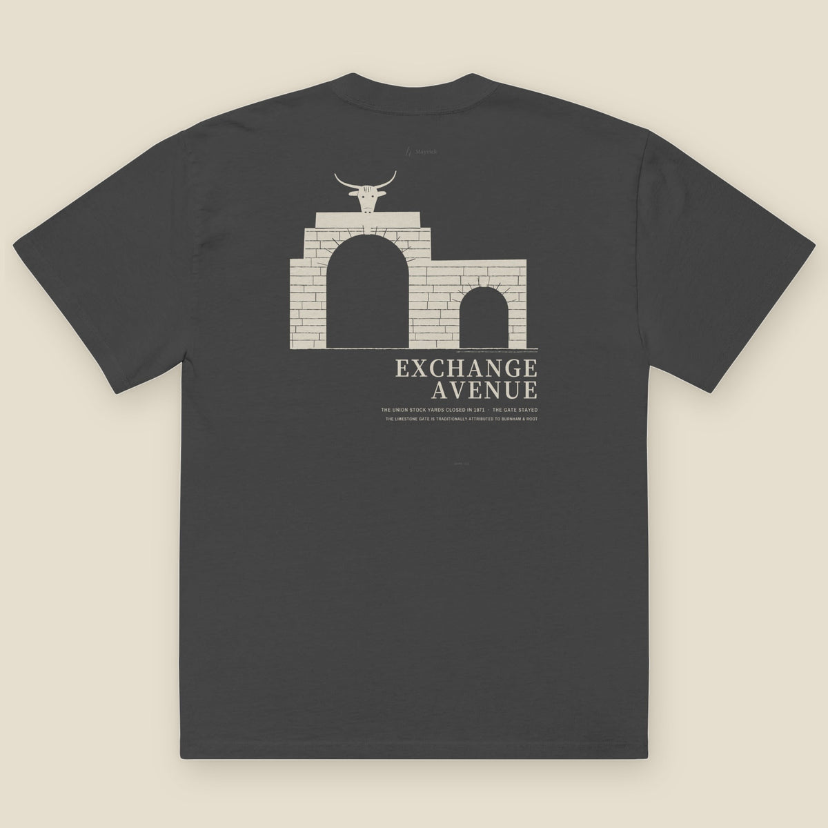 Exchange Avenue Heavyweight Tee, back, South Works (Faded Black): stone gate, bull's head, EXCHANGE AVENUE