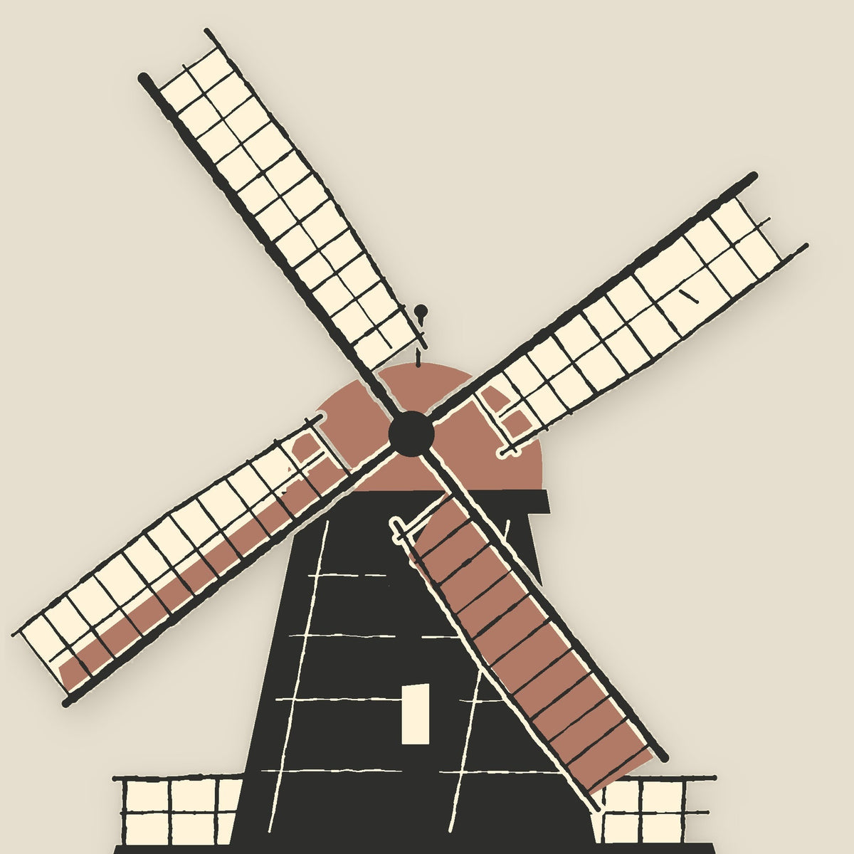 Fabyan Tee, back close-up, Lemont Stone (Ivory): the windmill with four different sails and a terracotta cap.