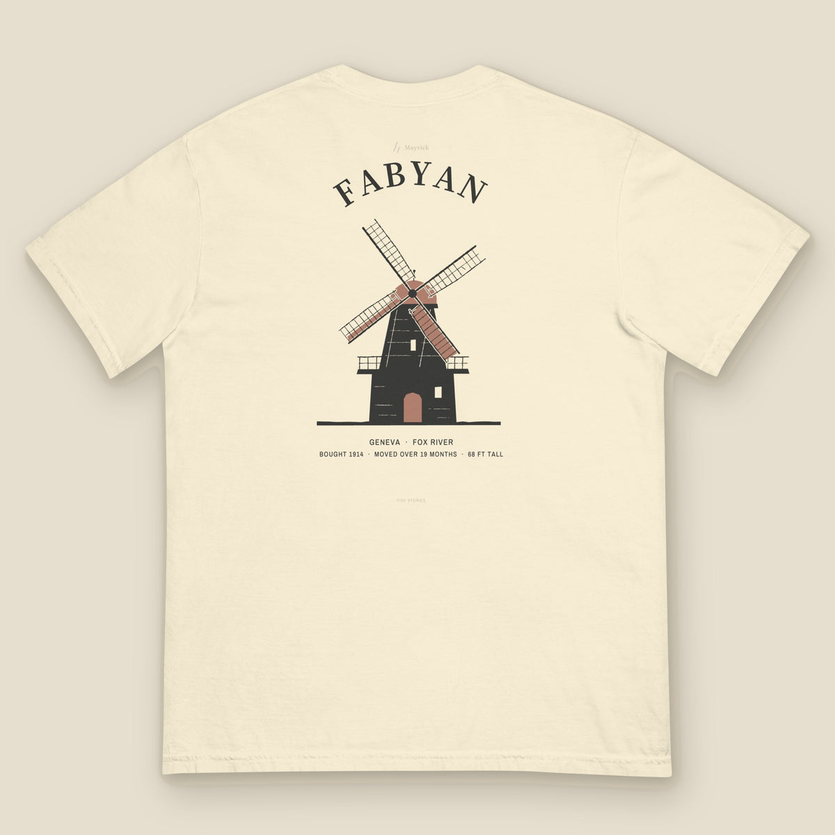 Fabyan Tee, back, Lemont Stone (Ivory): the windmill with four different sails, FABYAN arched above.