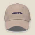 Geneva Hat, front, Stone: GENEVA stitched in navy across the front panel