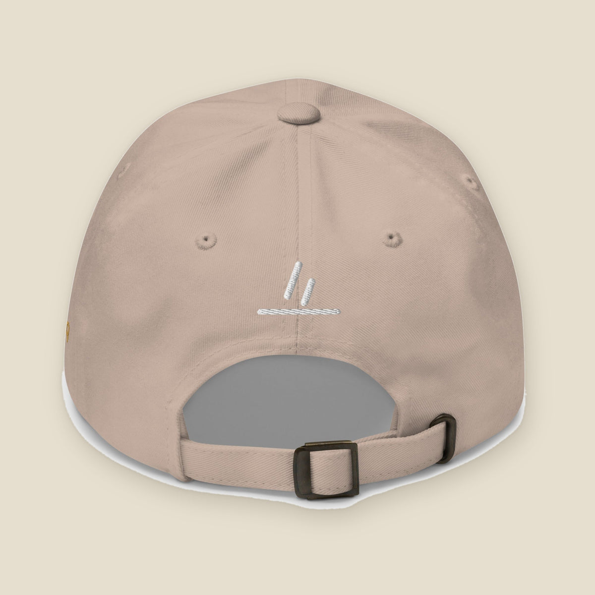 Geneva Hat, back, Stone: the white mark over a rule above the strap