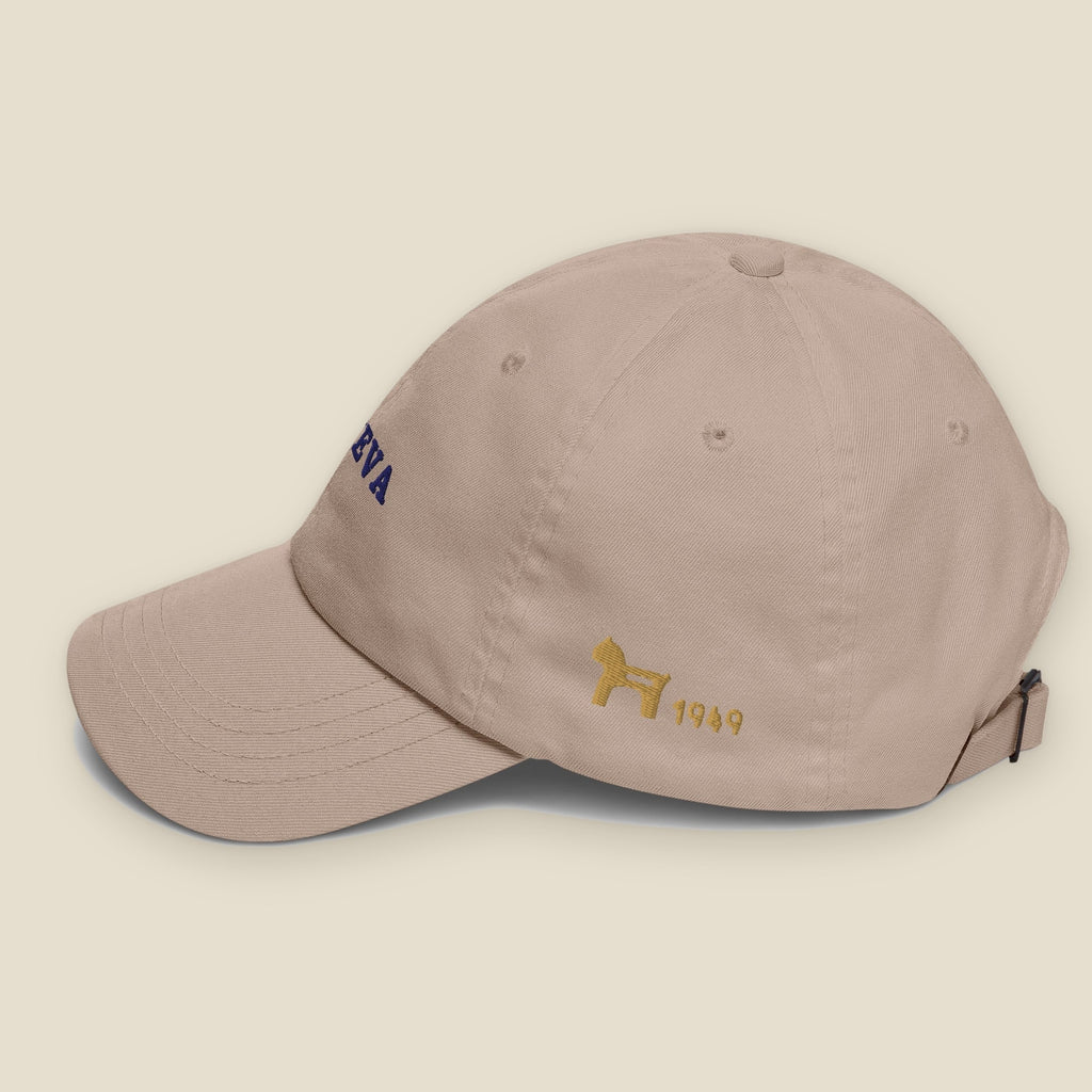Geneva Hat, left side, Stone: a Dala horse with 1949 beside it, stitched in Old Gold