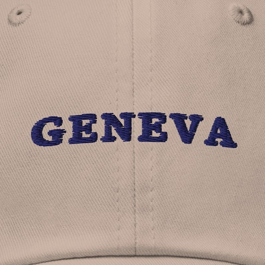 Geneva Hat, front close-up, Stone: GENEVA stitched in navy