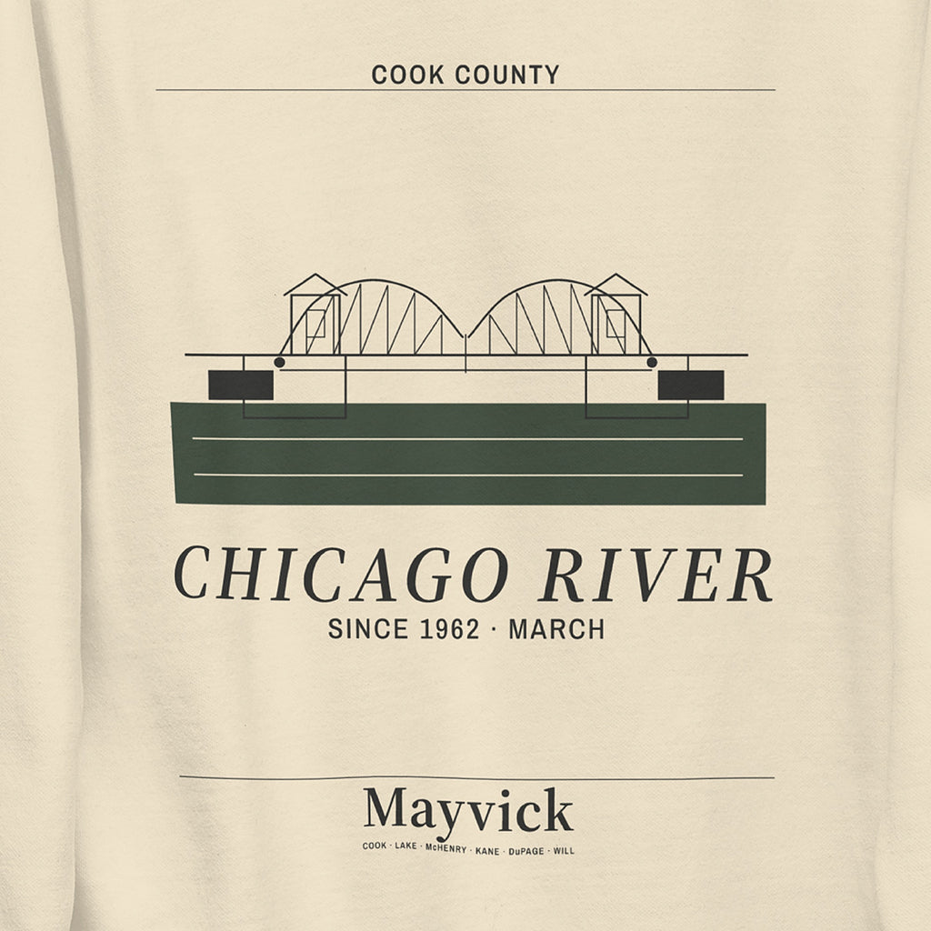 Green River Crewneck, back close-up, Bone: the bascule bridge over the green river, COOK COUNTY above