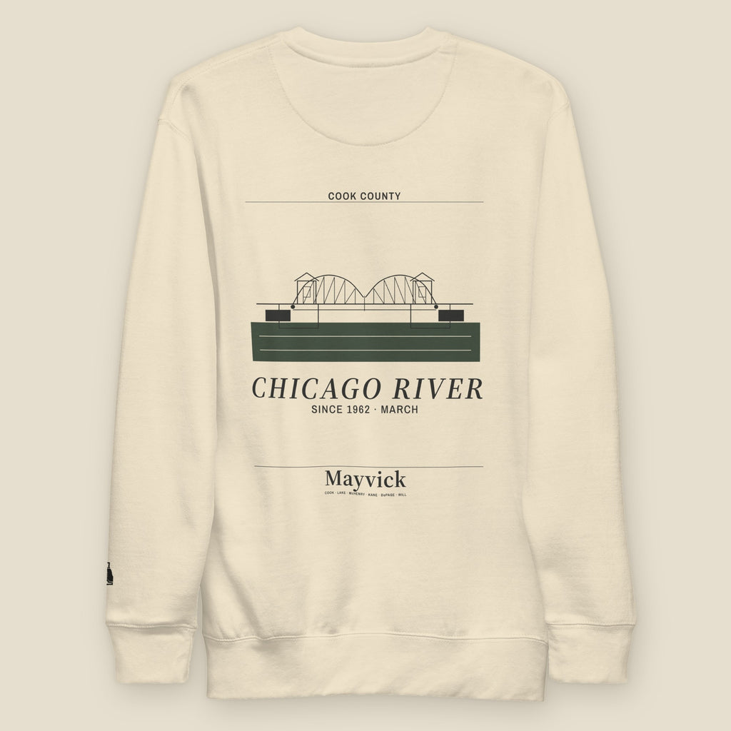 Green River Crewneck, back, Bone: bascule bridge over a green river, CHICAGO RIVER, SINCE 1962 · MARCH