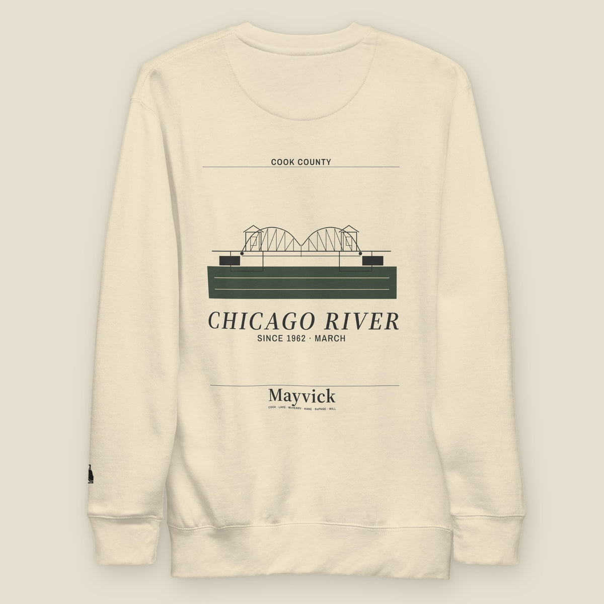 Green River Crewneck, back, Bone: bascule bridge over a green river, CHICAGO RIVER, SINCE 1962 · MARCH