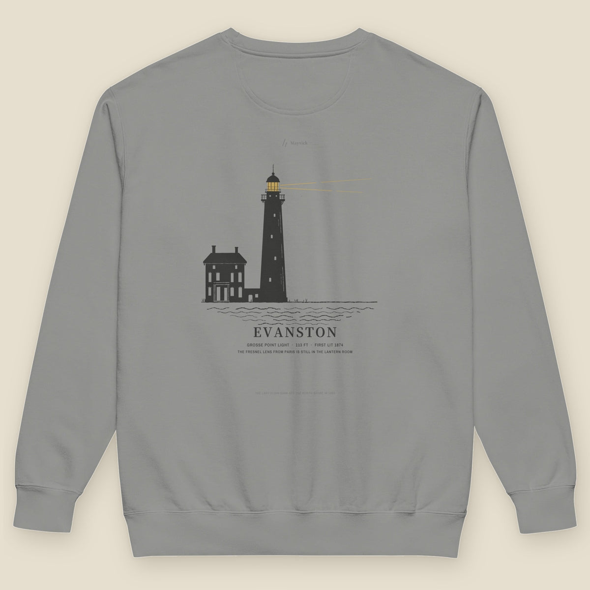 Grosse Point Crewneck, back, Grey: lighthouse over EVANSTON, GROSSE POINT LIGHT · 113 FT · FIRST LIT 1874