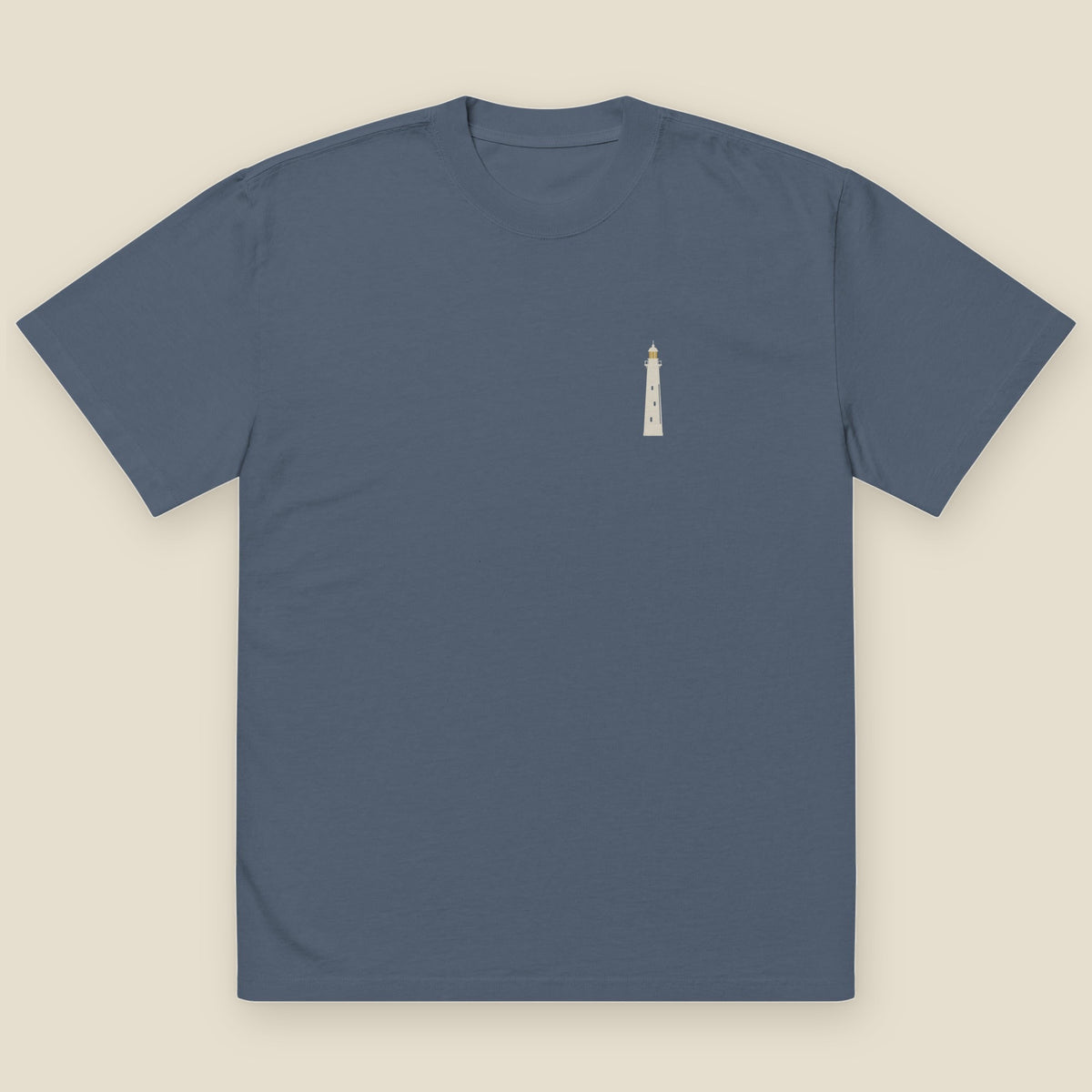 Grosse Point Heavyweight Tee, front, Lake in February (Indigo): a small lighthouse printed at the left chest
