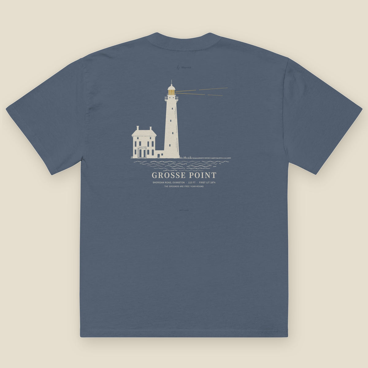 Grosse Point Heavyweight Tee, back, Lake in February (Indigo): lighthouse and keepers' house, GROSSE POINT