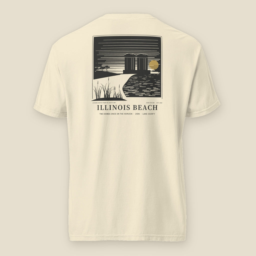 Illinois Beach Tee, back, Lemont Stone (Ivory): framed print of dune grass, the lake and two domes