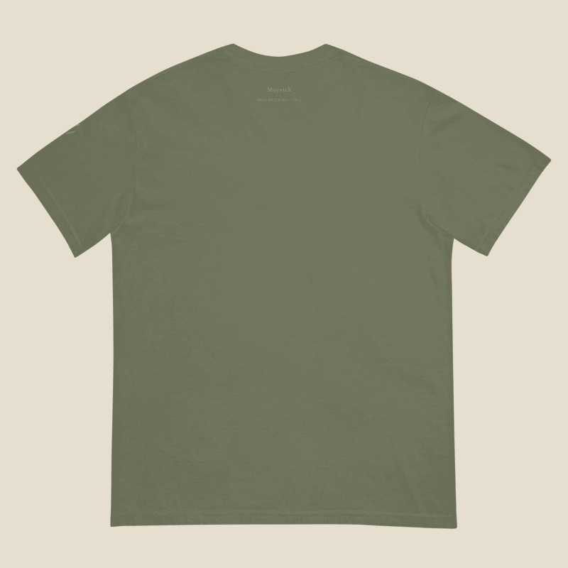 Brood XIII Tee, back, Moss: a tiny tone-on-tone Mayvick name and the Next Brood XIII, 2041 line.