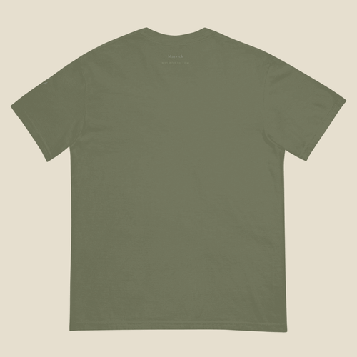 Brood XIII Tee, back, Moss: a tiny tone-on-tone Mayvick name and the Next Brood XIII, 2041 line.