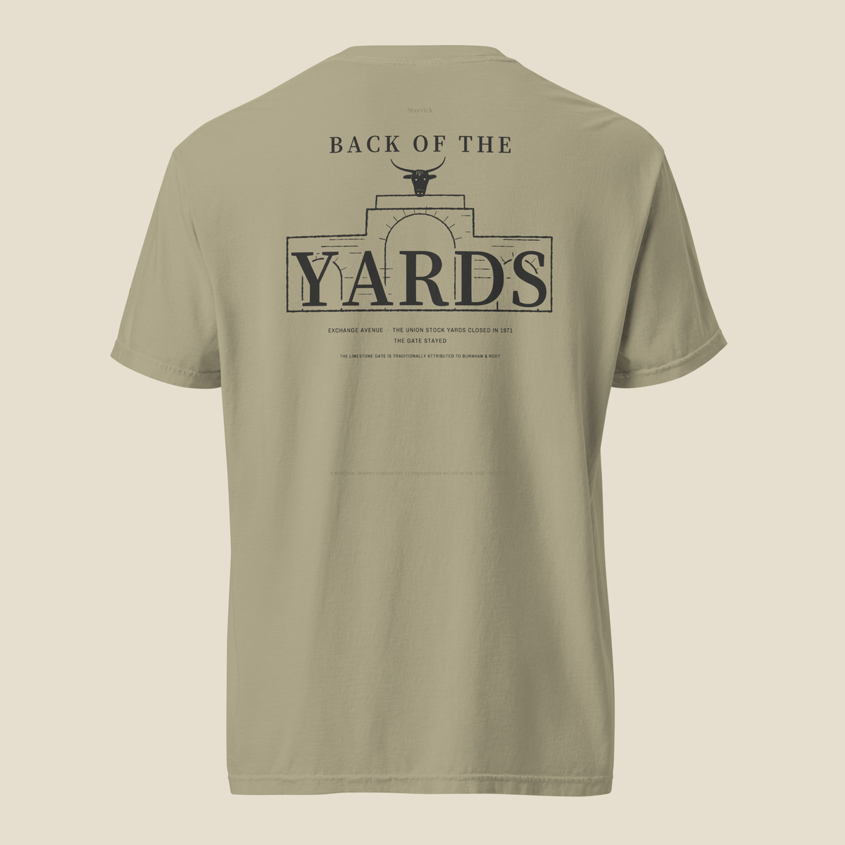 Exchange Avenue Tee, back, Prairie Path (Khaki): BACK OF THE YARDS over the line-drawn gate.