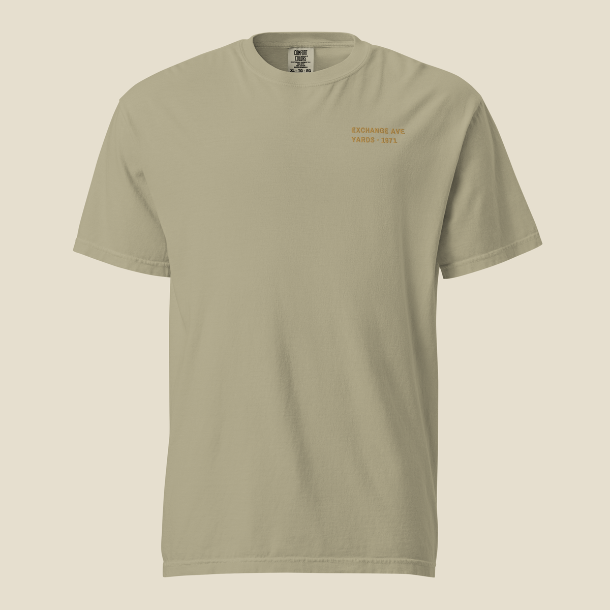Exchange Avenue Tee, front, Prairie Path (Khaki): EXCHANGE AVE / YARDS · 1971 stitched small in Old Gold.