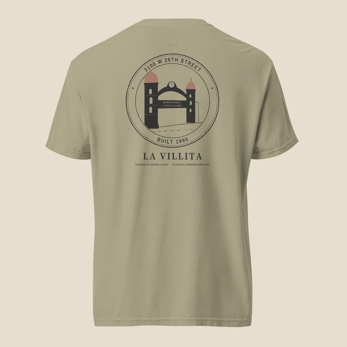 La Villita Tee, back, Prairie Path (Khaki): a round seal of the arch, ringed by 3100 W 26th Street.