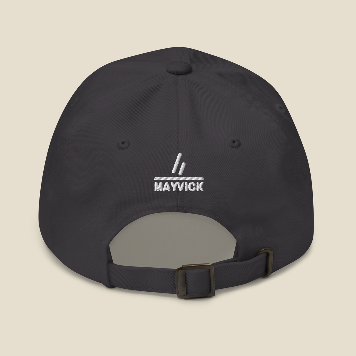 Orchard Field Dad Hat, back, Dark Grey: the mark over MAYVICK stitched in white.