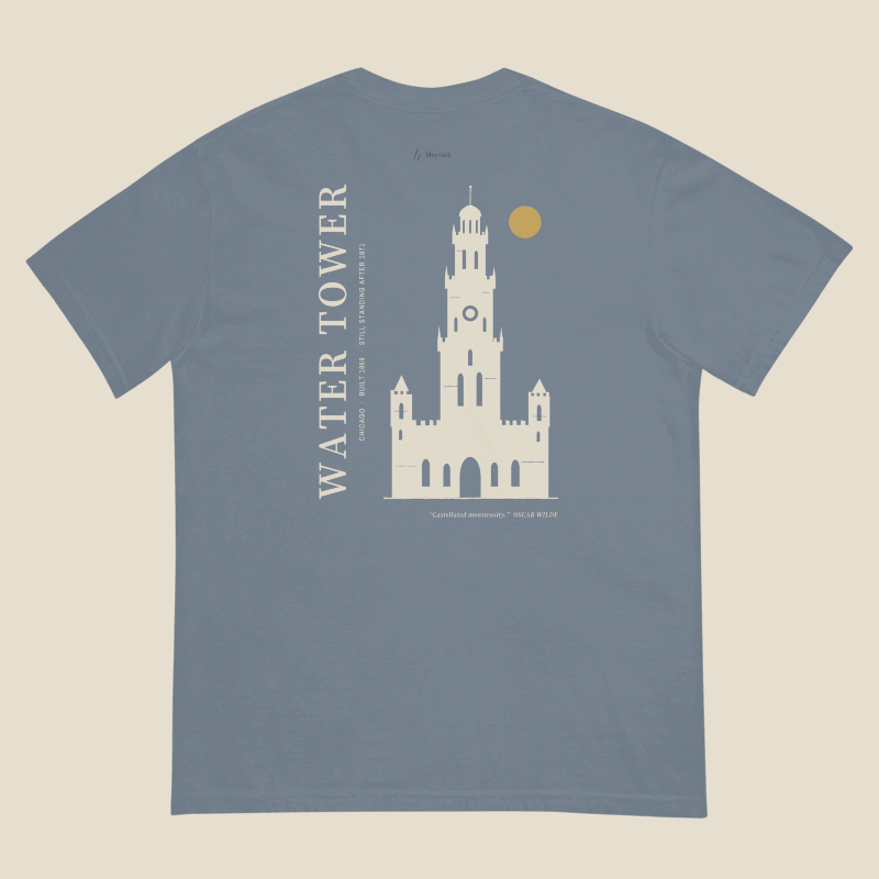 Water Tower Tee, back, Blue Jean: the tall tower in cream, a gold sun, WATER TOWER up the left side.