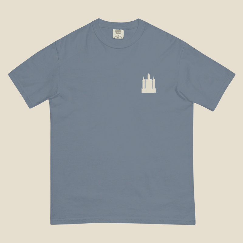 Water Tower Tee, front, Blue Jean: a small Water Tower printed at the left chest.