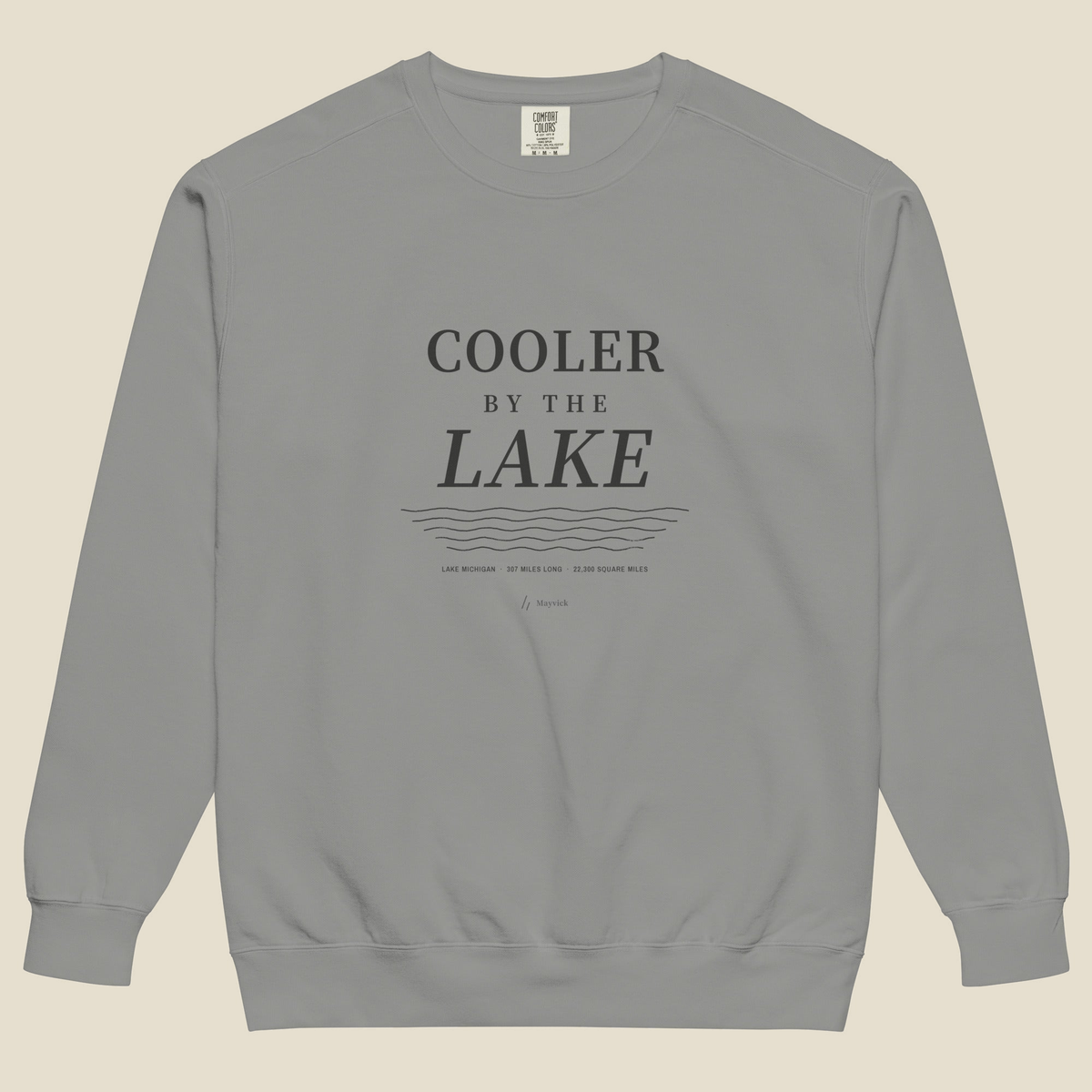 Cooler by the Lake Crewneck, front, Grey: COOLER BY THE LAKE, lake lines, the double slanted line mark below.