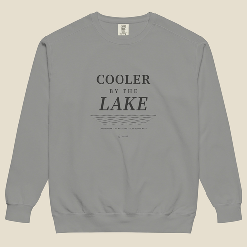 Cooler by the Lake Crewneck, front, Grey: COOLER BY THE LAKE, lake lines, the double slanted line mark below.