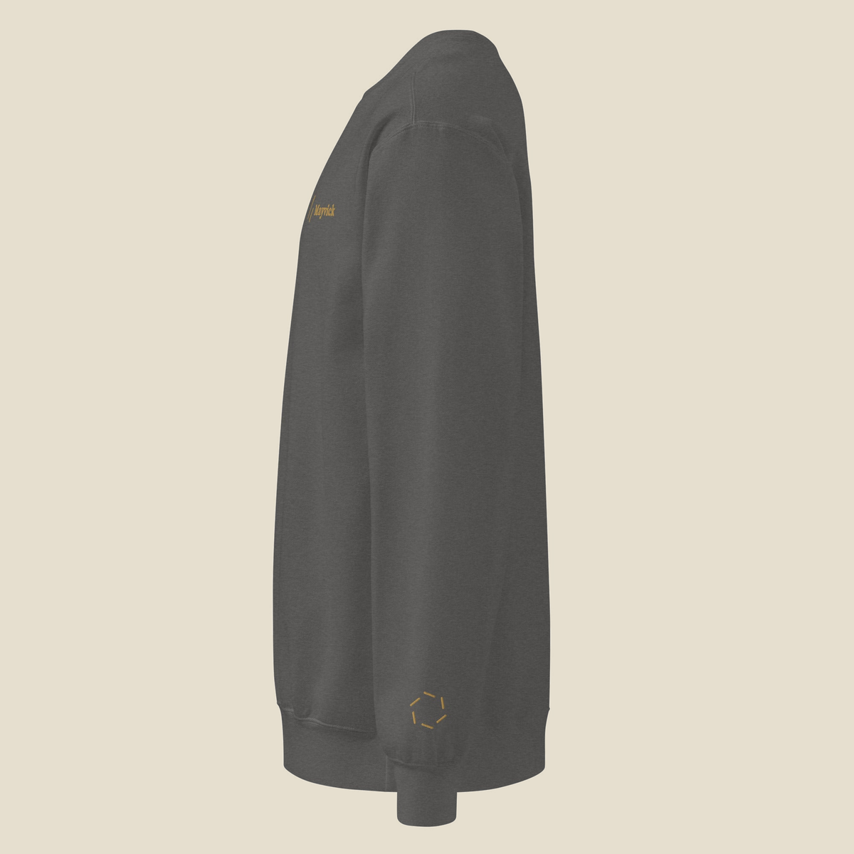 Crewneck, Pepper, left side view: the six counties ring stitched in Old Gold at the left wrist.