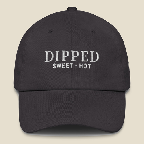 Dipped Dad Hat (Dark Grey), front, Dark Grey: DIPPED over SWEET · HOT stitched in white.