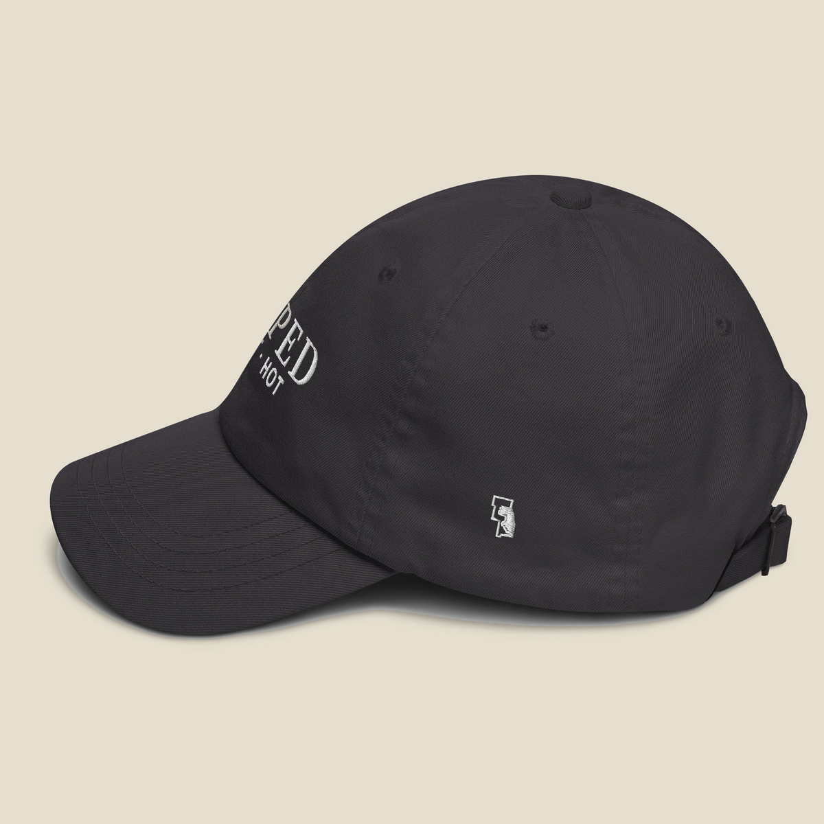 Dipped Dad Hat (Dark Grey), left side, Dark Grey: the six counties stitched small in white.