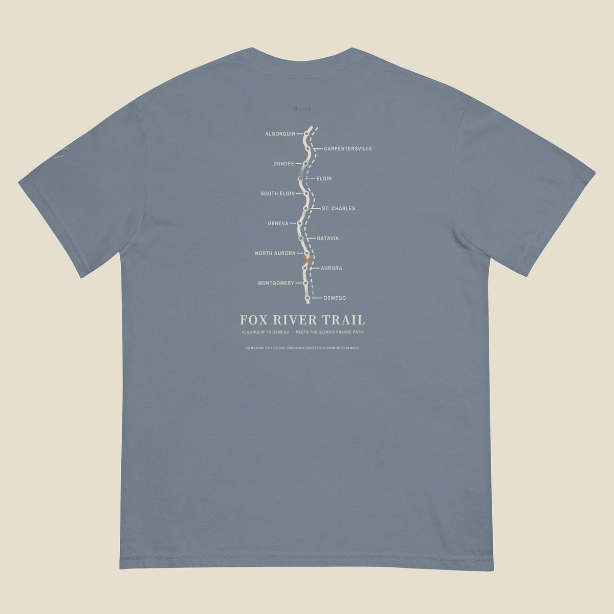 Fox River Trail Tee, back, Blue Jean: a simple route map of the trail, Algonquin to Oswego, towns ticked off.