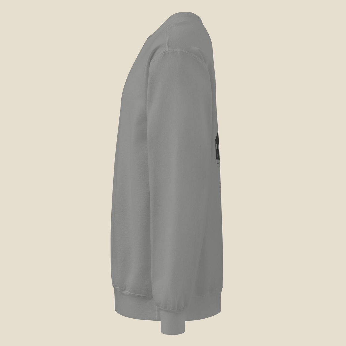Grosse Point Crewneck, left side, Grey: sleeve, with the edge of the back print showing.