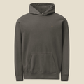 Hoodie, front, Pepper: the double slanted line mark stitched small in gold thread on the left chest.