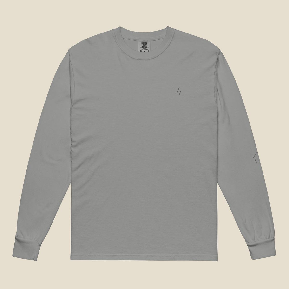 Long Sleeve, front, Grey: the double slanted line mark printed tone on tone at the left chest.