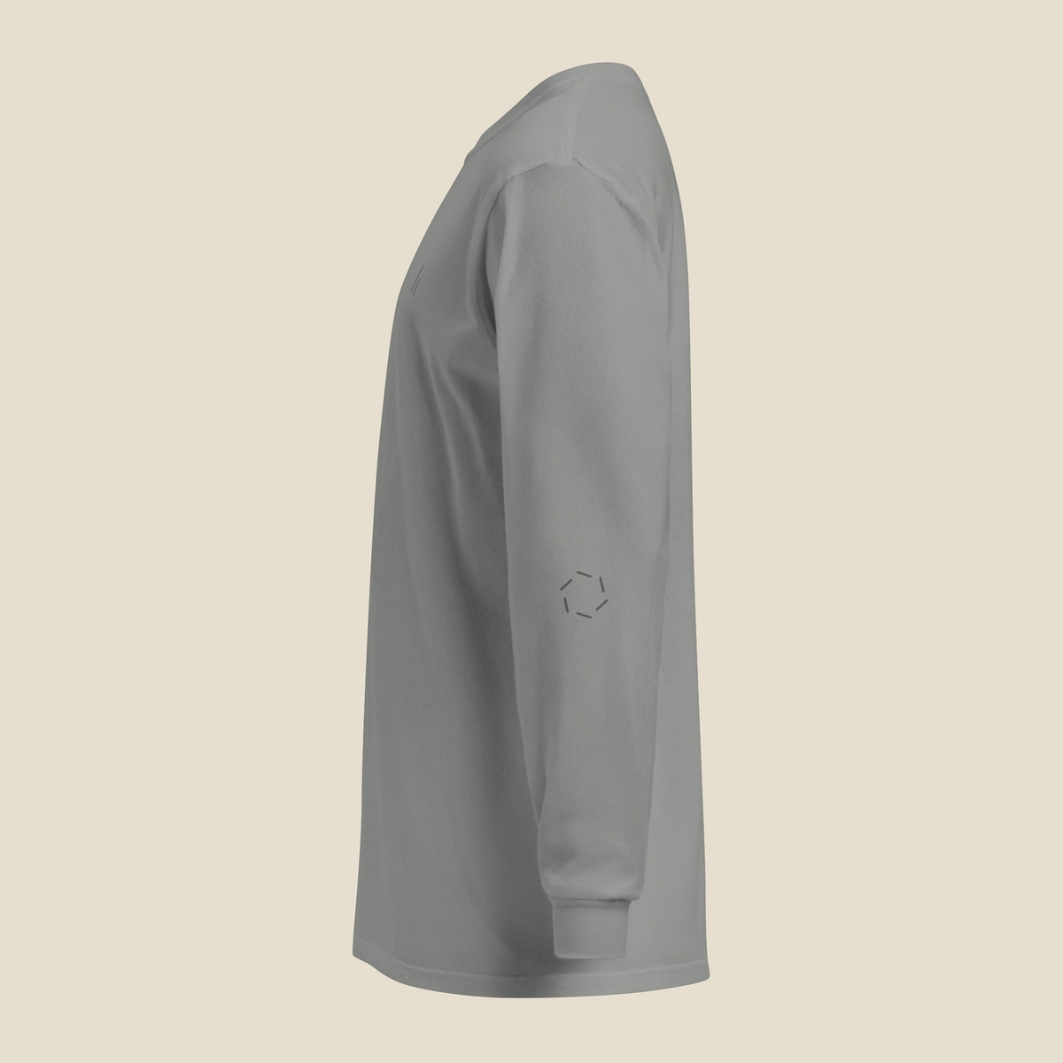 Long Sleeve, left side, Grey: a small dashed ring printed tone on tone on the sleeve.