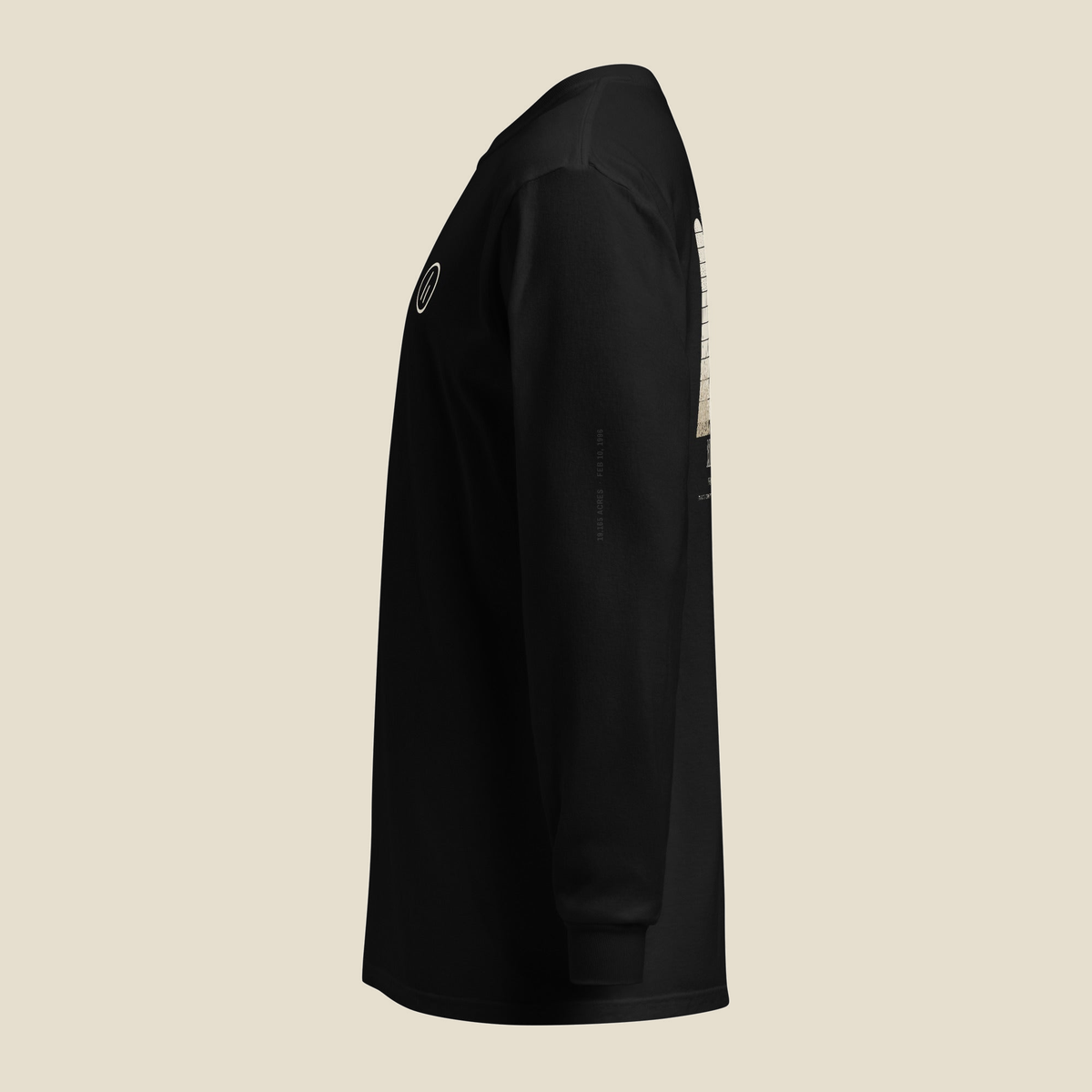 Midewin Long Sleeve, left side, Black: 19,165 acres · Feb 10, 1996 in small tonal print down the sleeve