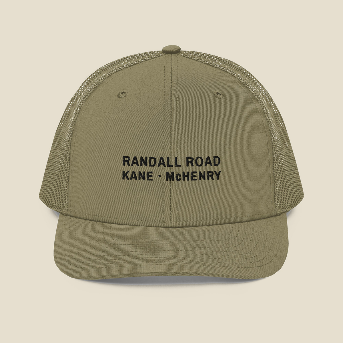 Randall Road Trucker Cap, front, Light Olive: RANDALL ROAD over KANE · McHENRY stitched.