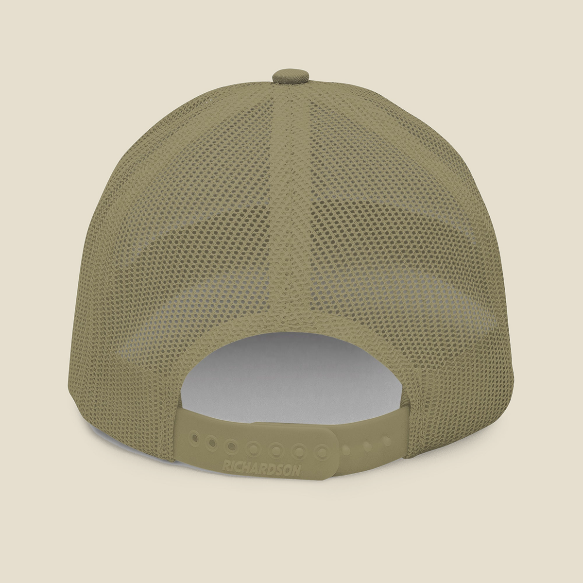 Randall Road Trucker Cap, back, Light Olive: the mesh and snapback strap.