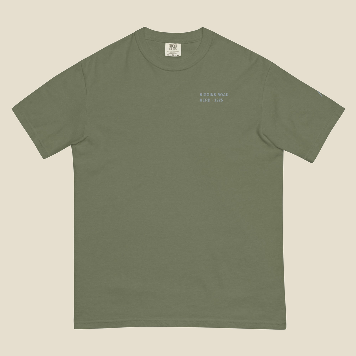The Elk Tee, front, Moss: HIGGINS ROAD and HERD · 1925 stitched small in grey thread at the left chest.