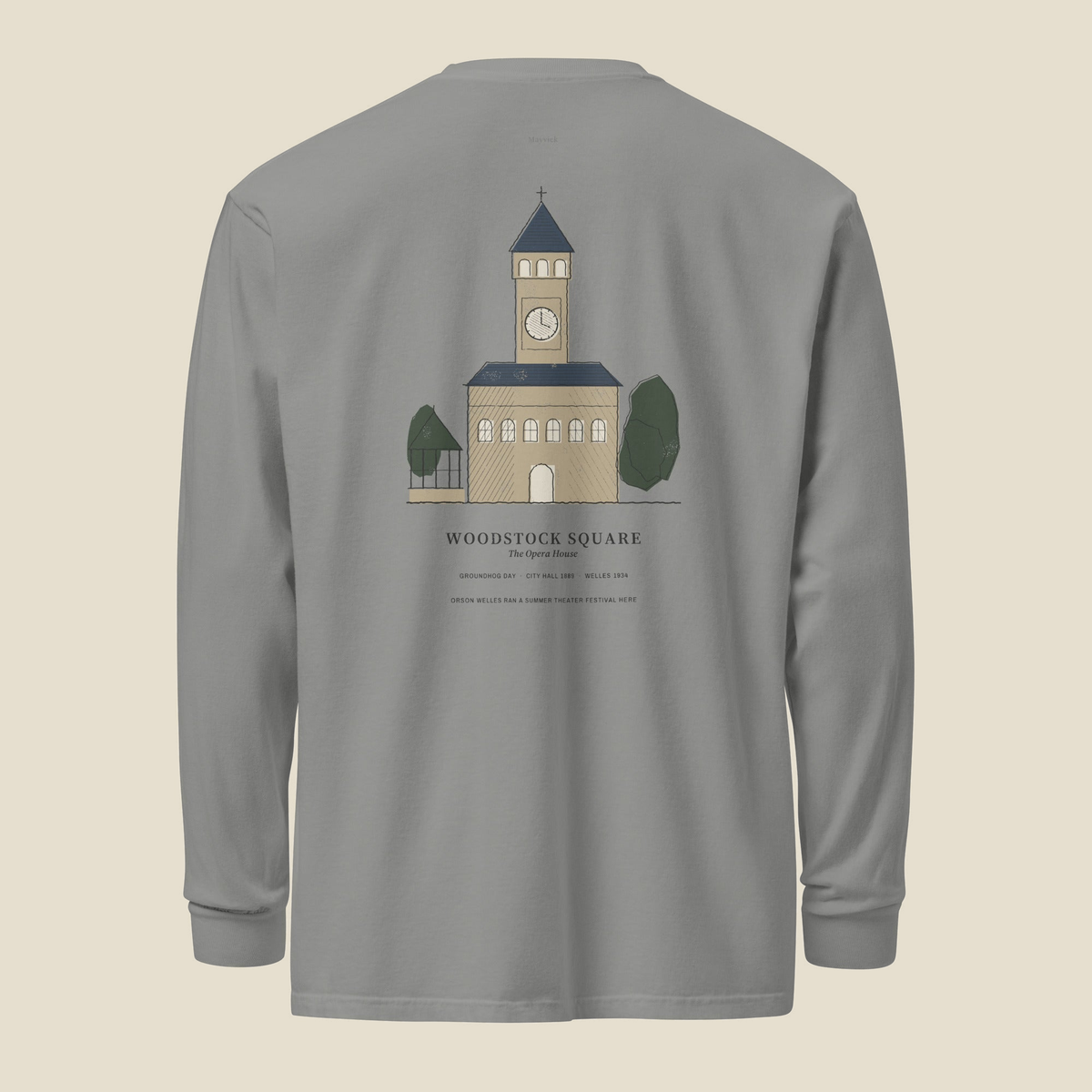 The Square Long Sleeve, back, Lake Effect (Grey): the Woodstock Opera House above WOODSTOCK SQUARE.