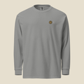 The Square Long Sleeve, front, Lake Effect (Grey): a stitched clock and the double slanted line mark.