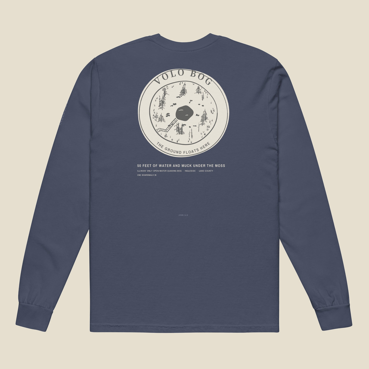 Volo Bog Long Sleeve, back, Navy: round badge of the bog from above, tamaracks and boardwalk to open water