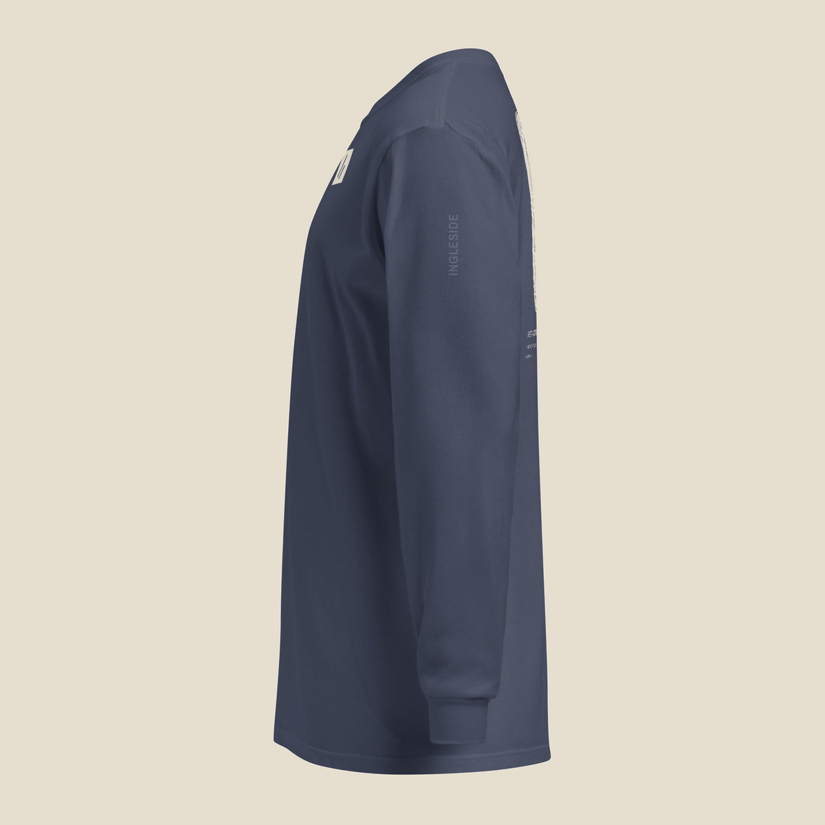 Volo Bog Long Sleeve, left side, Navy: Ingleside printed tone on tone down the upper sleeve