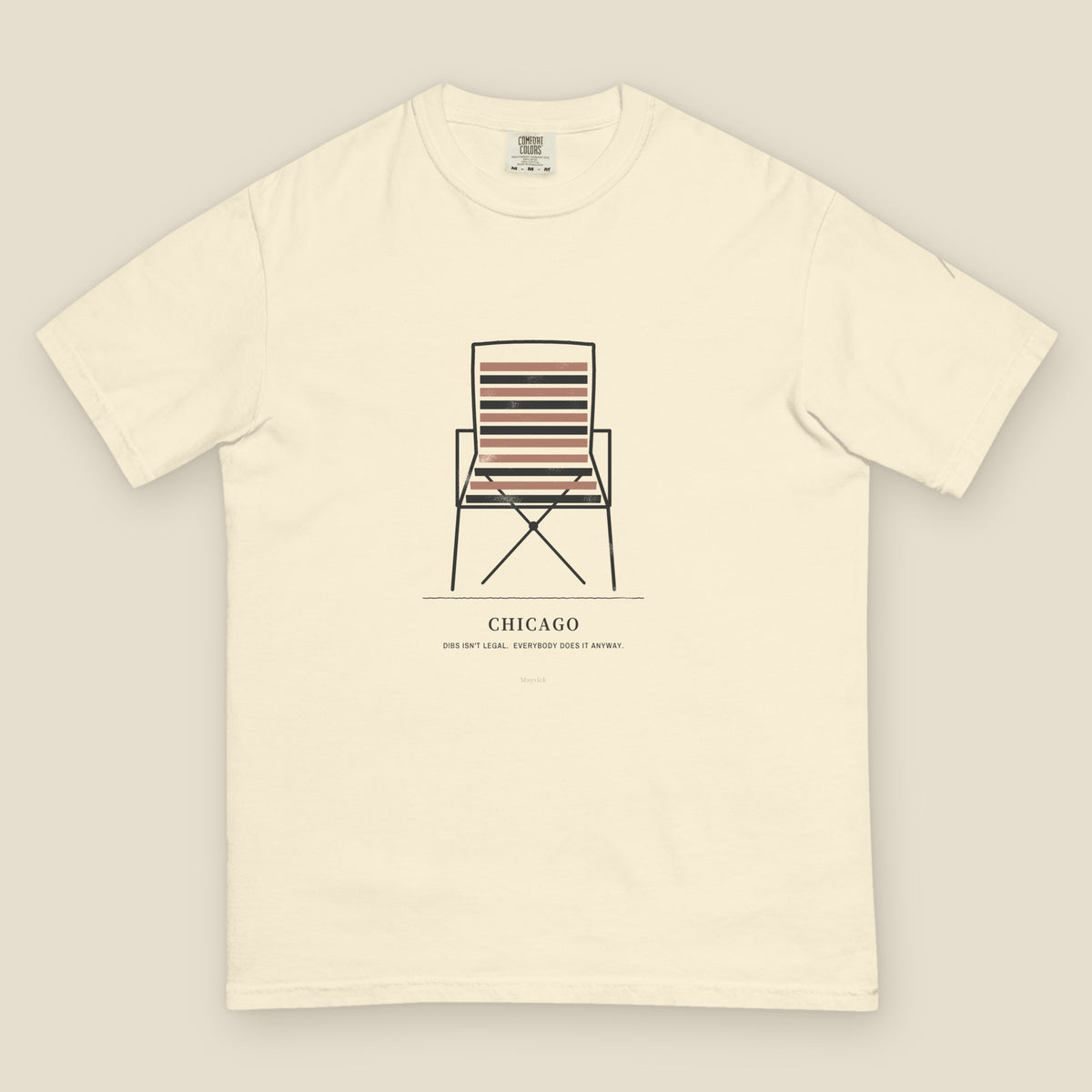 January Tee, front, Lemont Stone (Ivory): the folding lawn chair with striped webbing above CHICAGO.