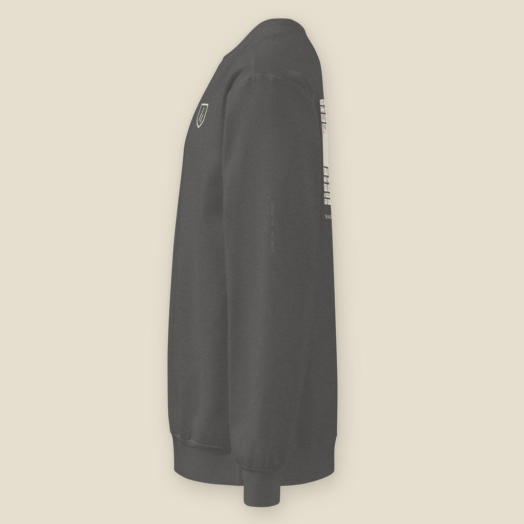 Joliet Crewneck, left sleeve: Stone City and Will County in small tonal print