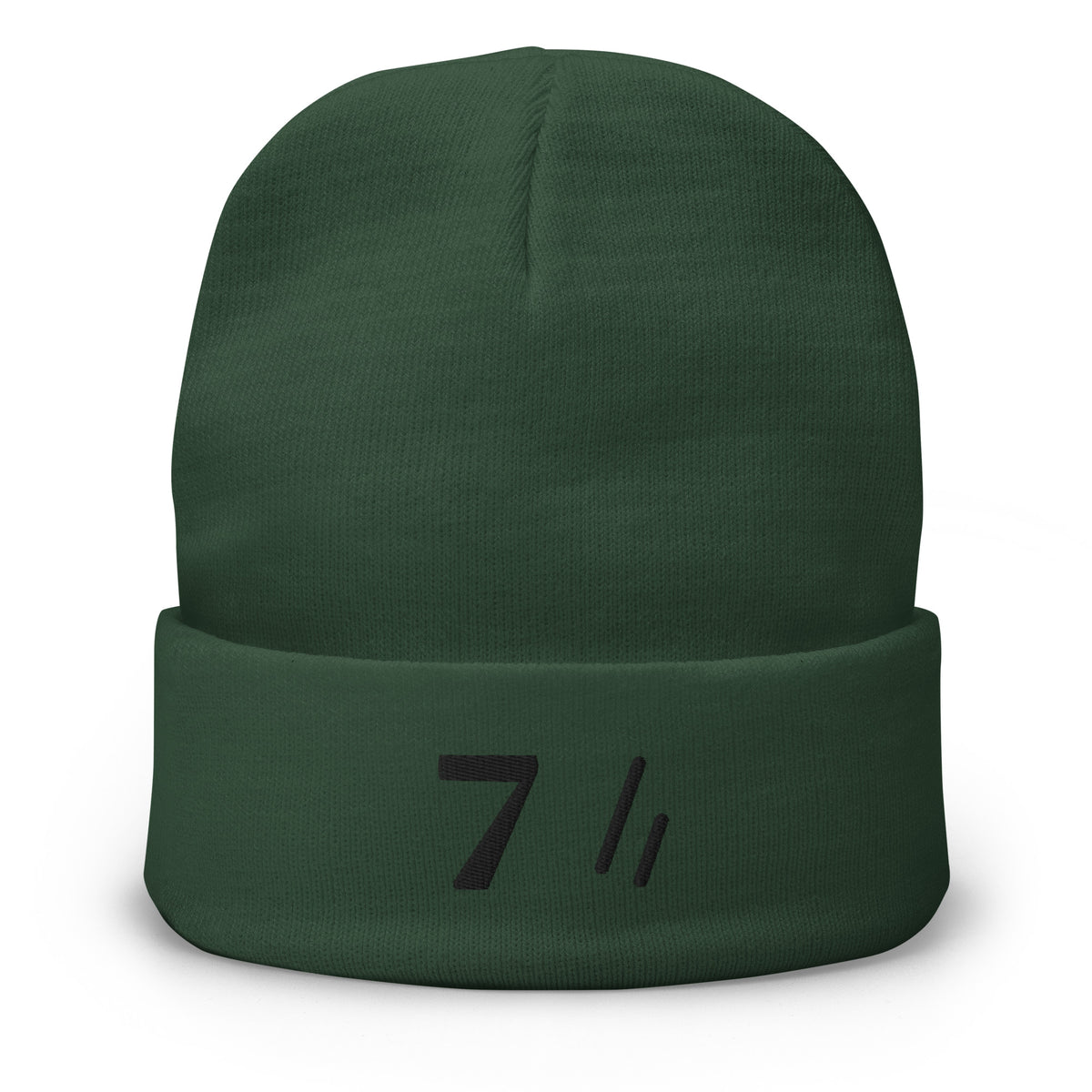 Mayvick knit beanie 7, dark green (Busse Woods), front: bold 7 and two-bar mark stitched in black on the cuff